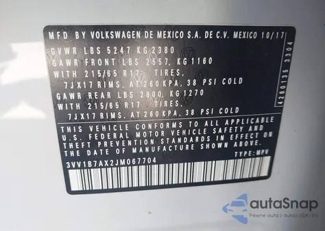 2018 Volkswagen Tiguan 2.0T S z USA, uszkodzony, nr VIN 3VV1B7AX2JM067704